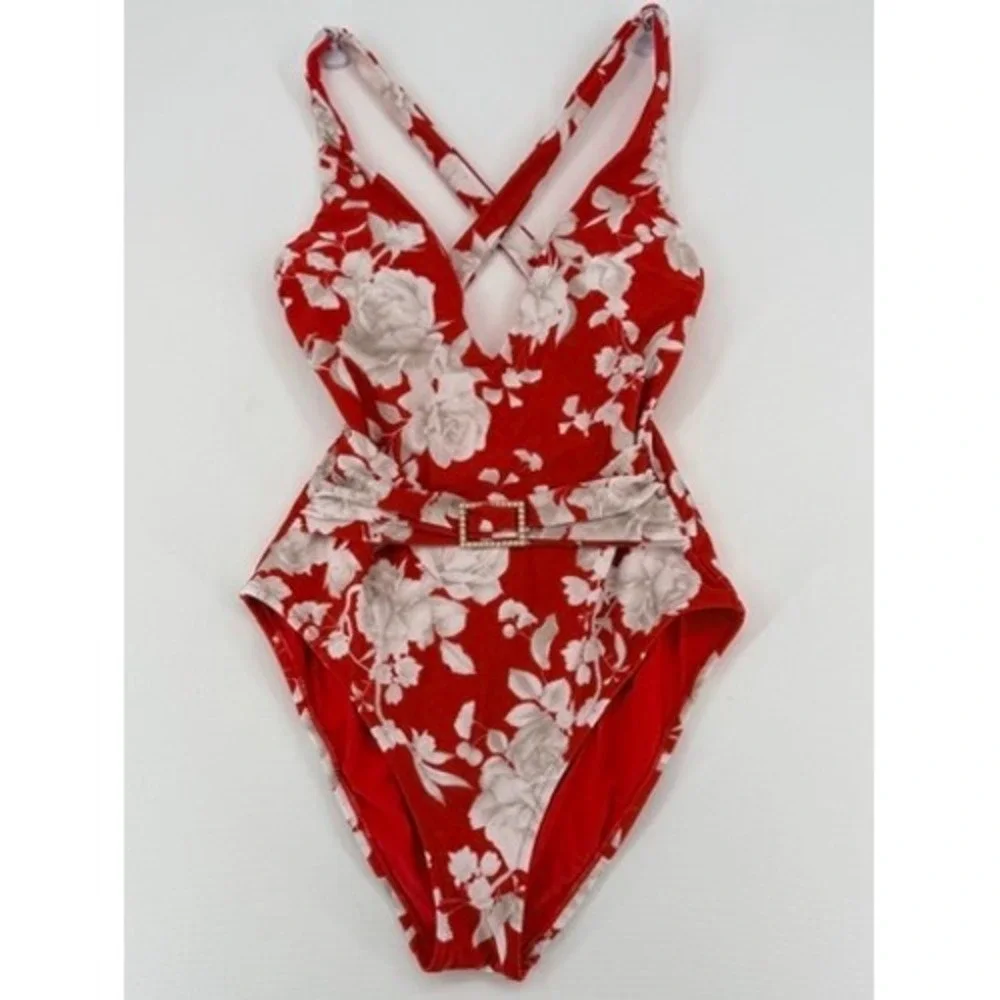L'AGENCE Lisa Ikebana Floral Belted One Piece Swimsuit Red M - Picture 14 of 16